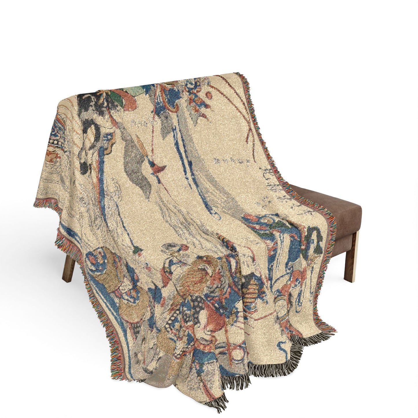 Li Wenzhong Clears the North throw blanket draped over bench beige Chinese battle scene armored riders fringed