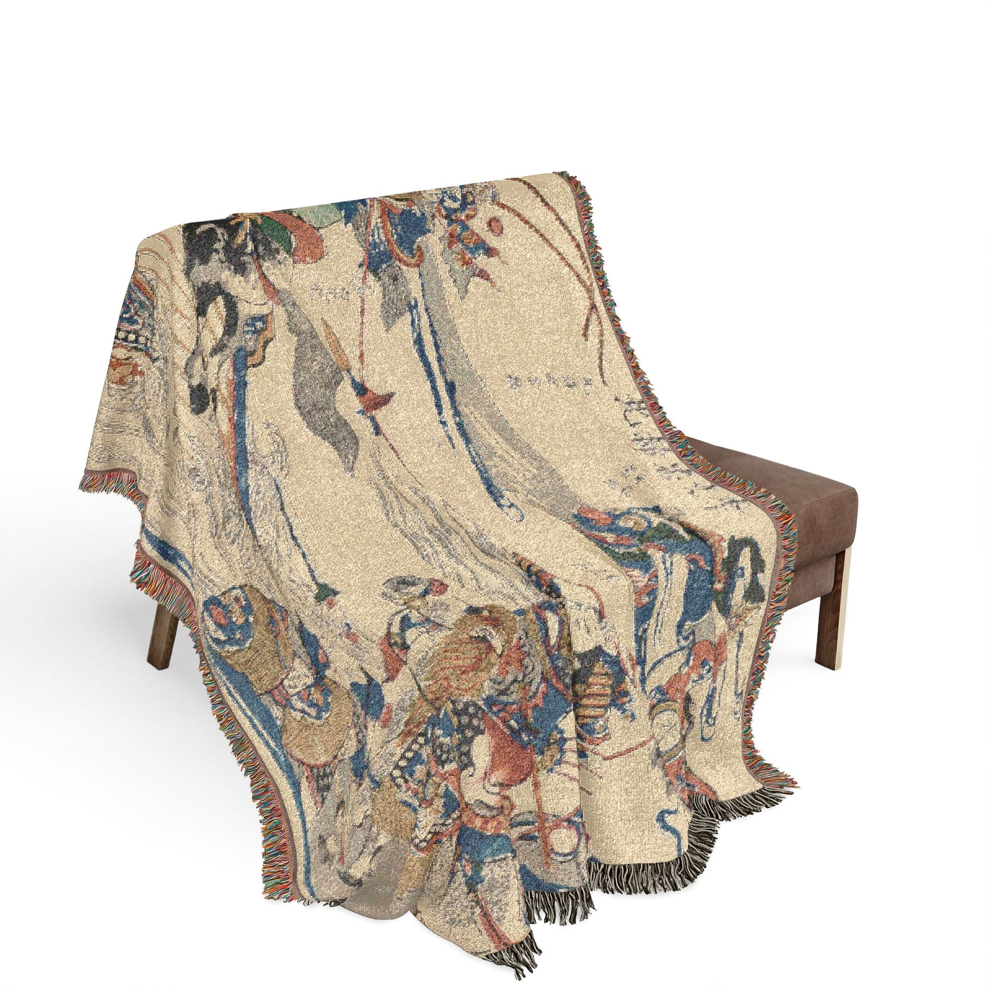 Li Wenzhong Clears the North throw blanket draped over bench beige Chinese battle scene armored riders fringed