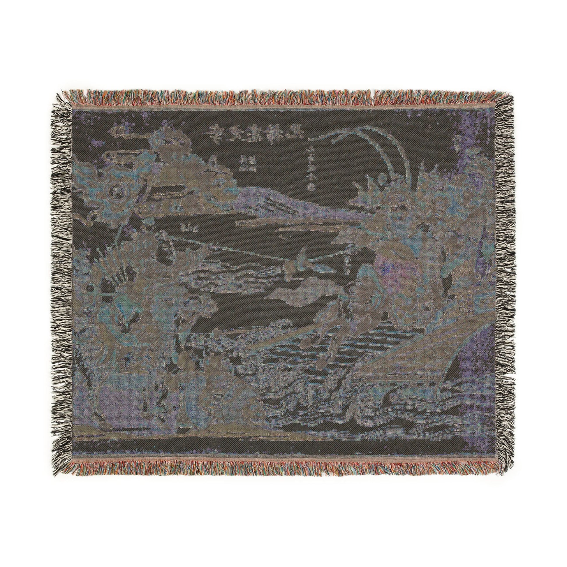 Li Wenzhong Clears the North throw blanket reverse flat lay dark charcoal grey muted warriors calligraphy fringe