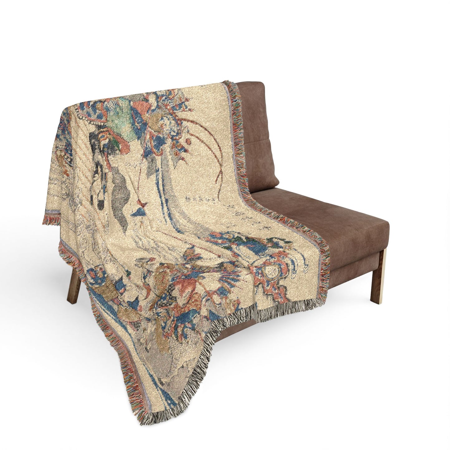 Li Wenzhong Clears the North throw blanket on sofa beige ivory battle scene warriors blue red green fringed