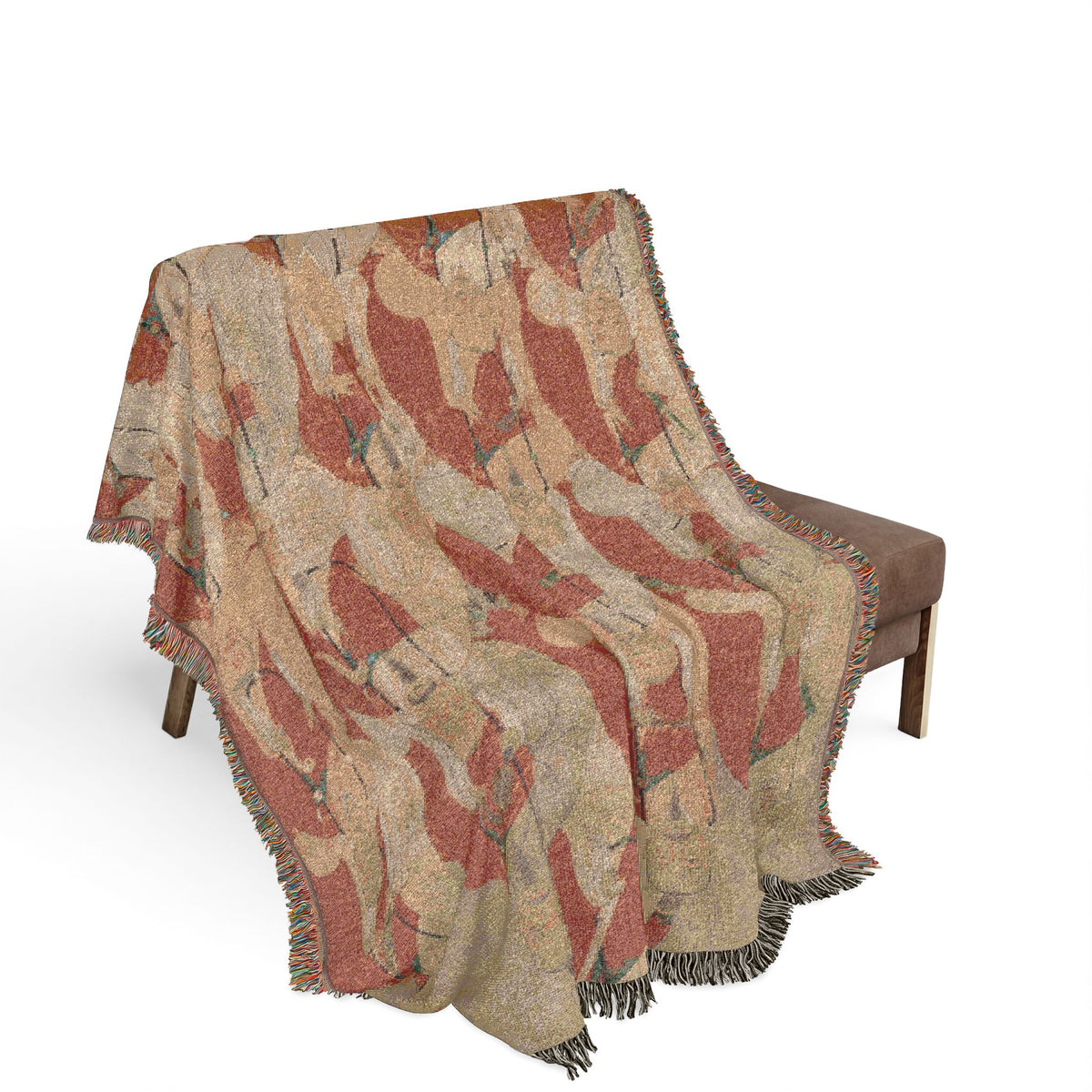 Lineage Portrait of Buddhist Monks throw blanket over bench, terracotta-red and beige repeated monk pattern, fringe border