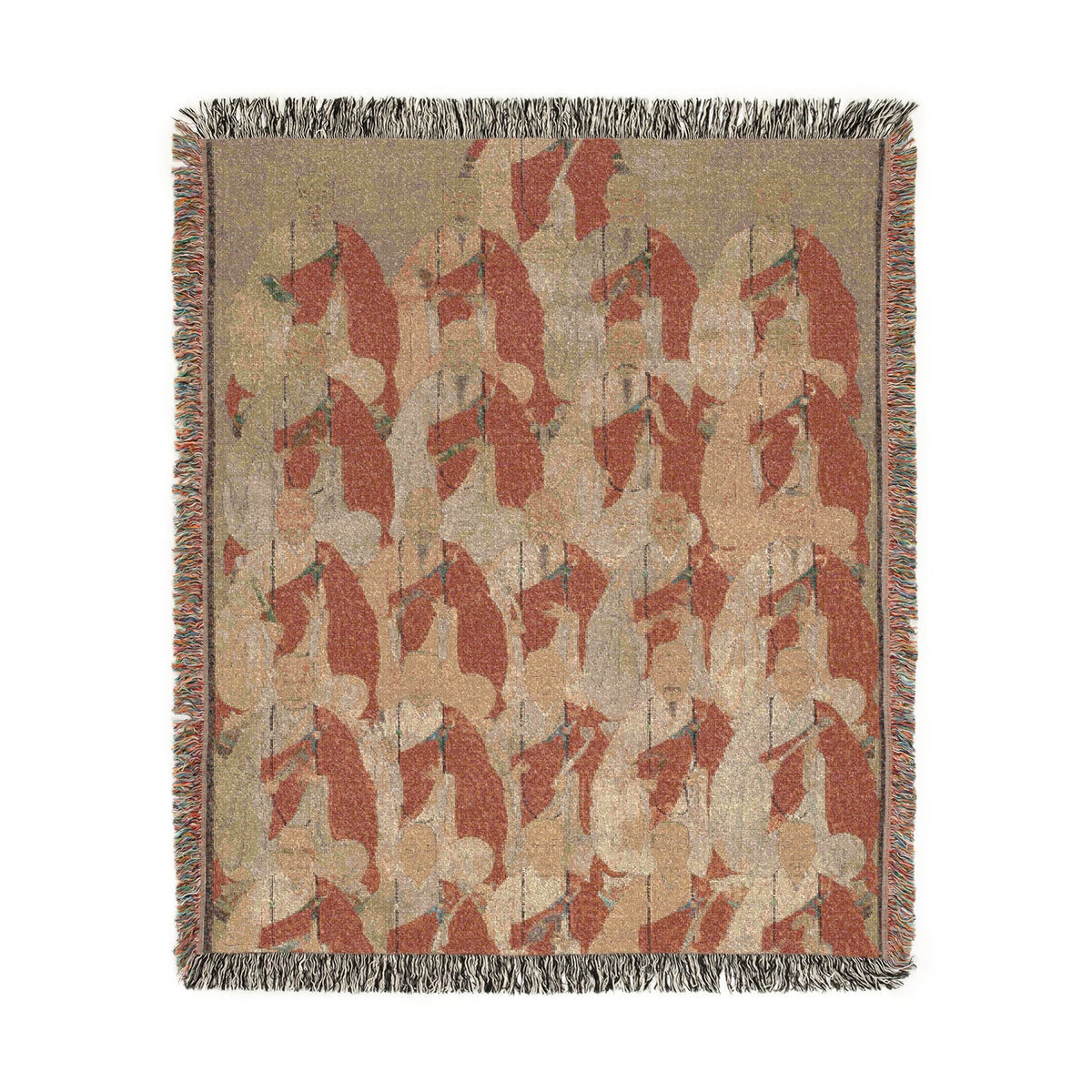 Lineage Portrait of Buddhist Monks throw blanket flat front, terracotta-red and beige repeating seated monk figures in rows