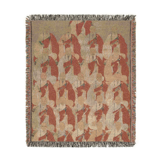 Lineage Portrait of Buddhist Monks throw blanket flat front, terracotta-red and beige repeating seated monk figures in rows