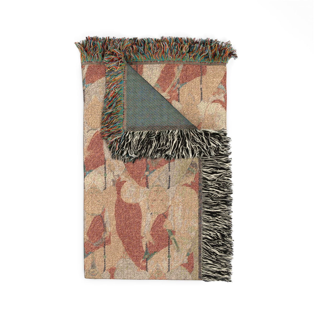 Lineage Portrait of Buddhist Monks throw blanket folded, terracotta-red monk pattern front with teal-gray reverse, fringe