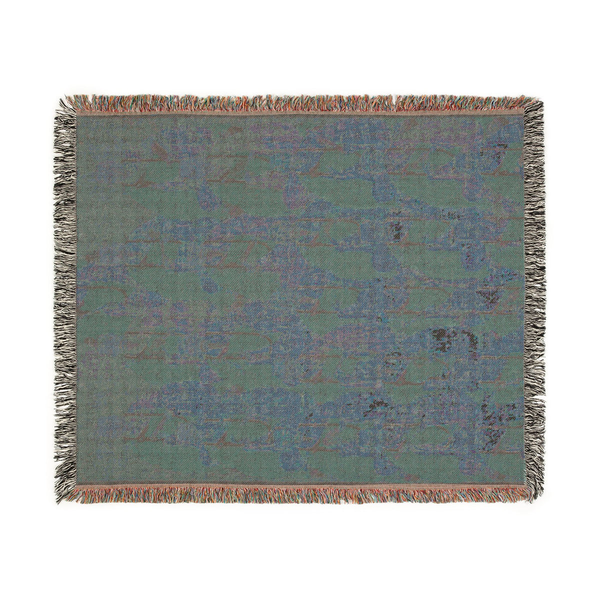Lineage Portrait of Buddhist Monks throw blanket flat reverse, muted sage-green with blue-gray faint abstract woven pattern