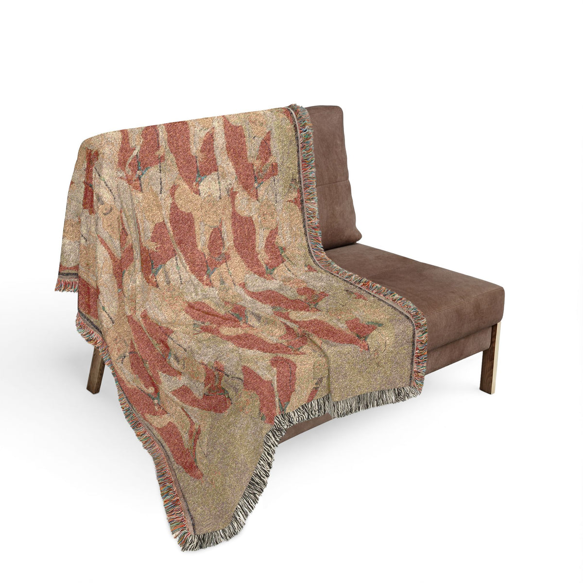 Lineage Portrait of Buddhist Monks throw blanket over sofa, terracotta-red and beige repeating monks pattern, fringe flowing
