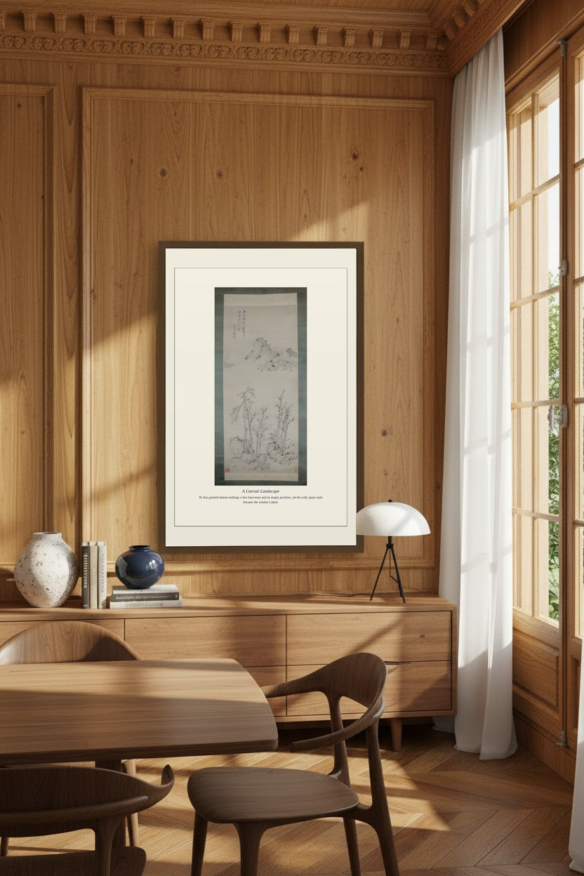 Literati Landscape print in an elegant wood-paneled dining room with a table and chairs