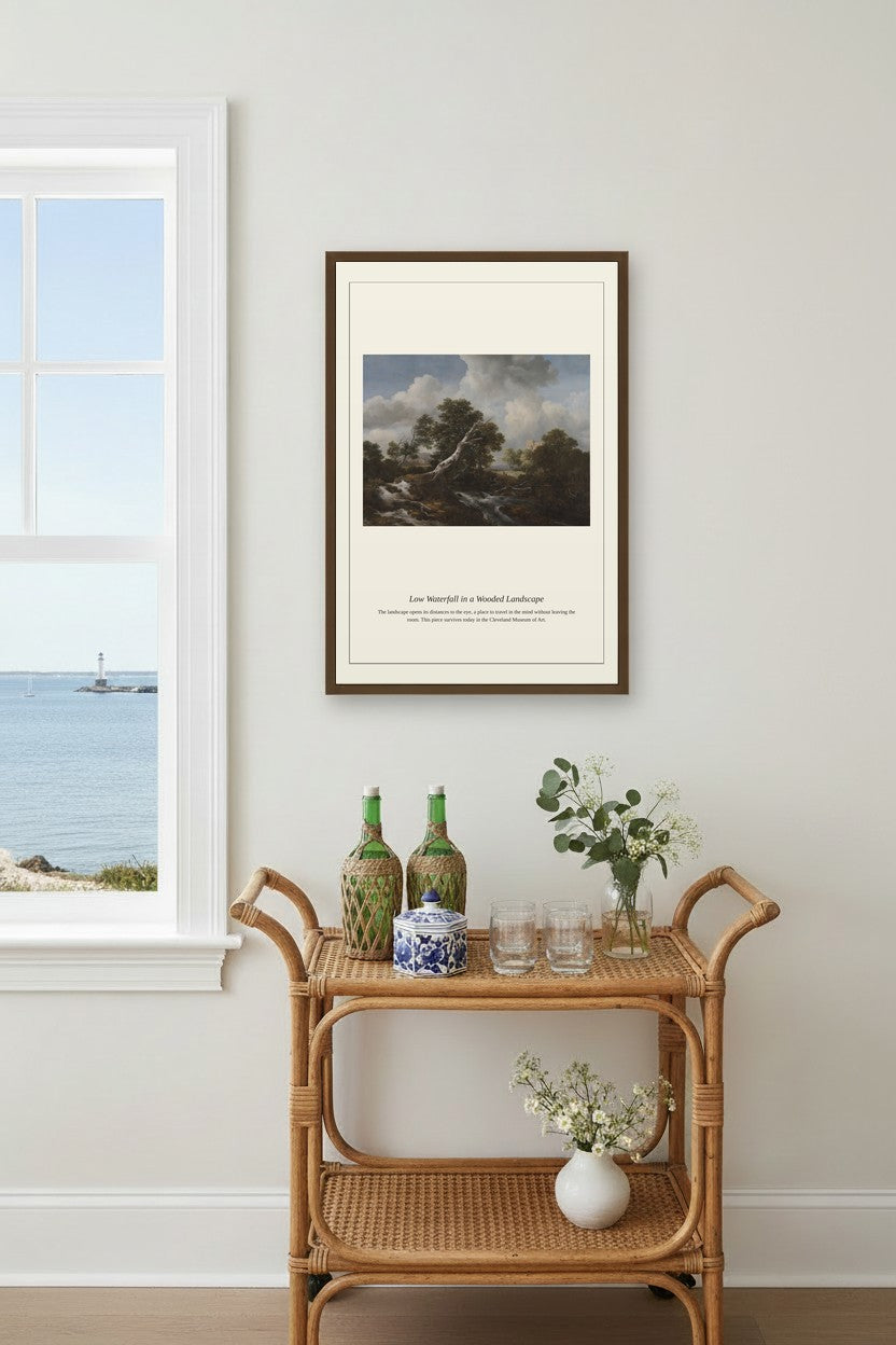 Low Waterfall in a Wooded Landscape — Antique Landscape Print