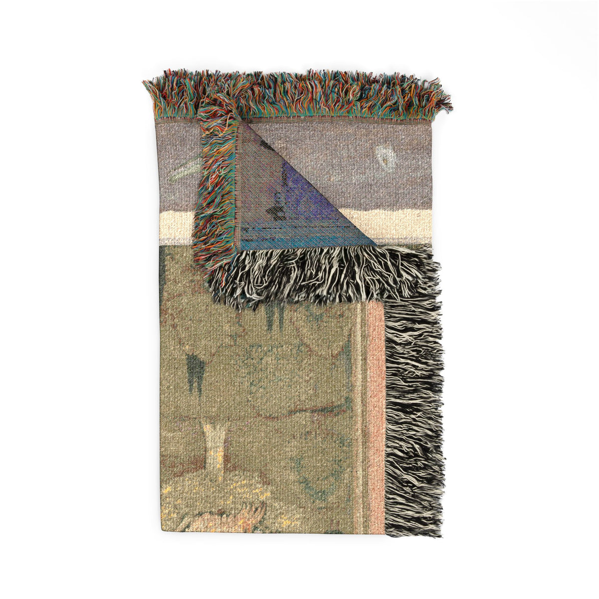 Mahliqa blanket corner folded, front green Mughal scene with pink border and grey-purple reverse, fringe