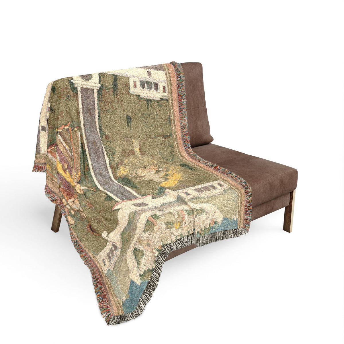 Mahliqa blanket draped over sofa, green Mughal miniature with palace colonnade and colorful figures, fringe