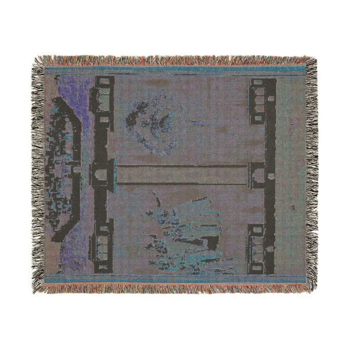 Mahliqa blanket reverse flat, dark taupe-grey with blue and purple architectural silhouettes, fringe edges