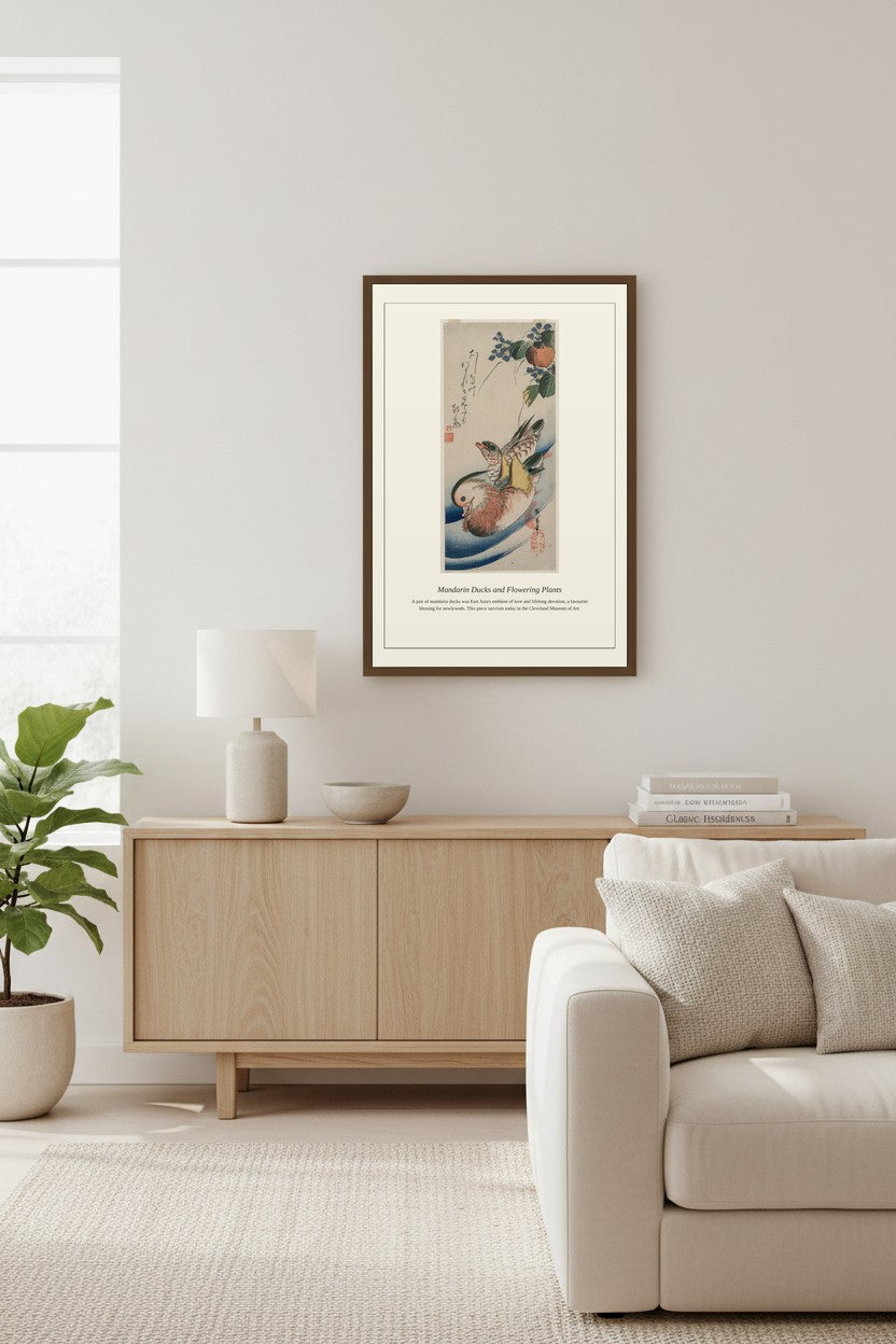Mandarin Ducks and Flowering Plants framed above a light wood sideboard near a tall window