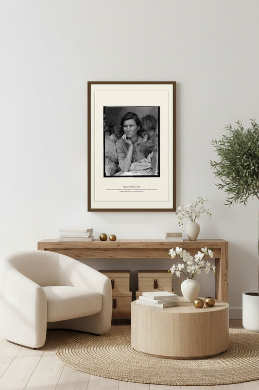 Migrant Mother photograph framed above a wood console table with a bouclé chair and olive tree