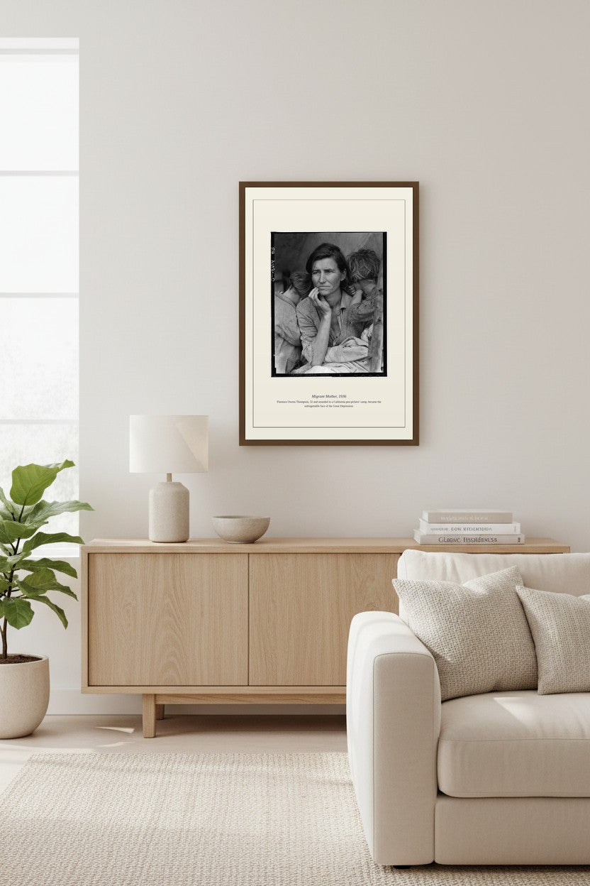 Framed Migrant Mother photo above a light wood sideboard beside a cream sofa and fiddle-leaf plant