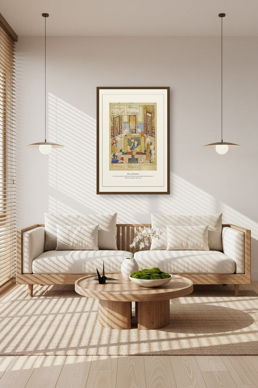 Mihr and Mushtari print above a sideboard styled with ceramic vases and books