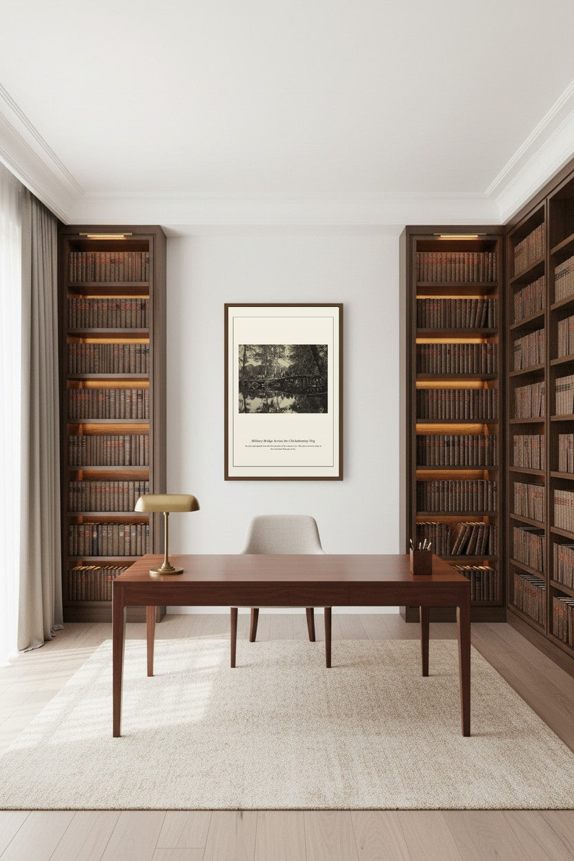 Military Bridge Across the Chickahominy photograph print framed above a wood desk between dark built-in bookshelves