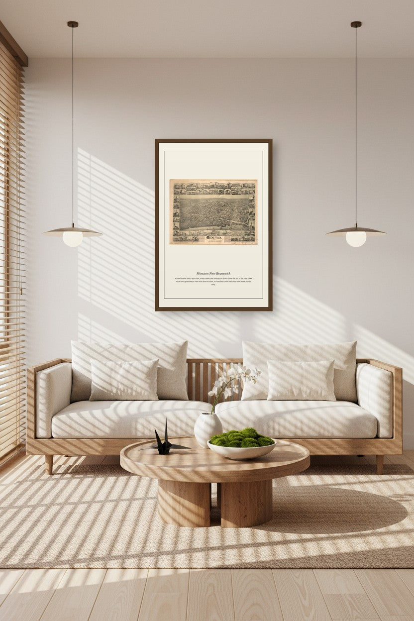 framed Moncton New Brunswick map print in a wood-paneled dining room beside a floor lamp and curtained window