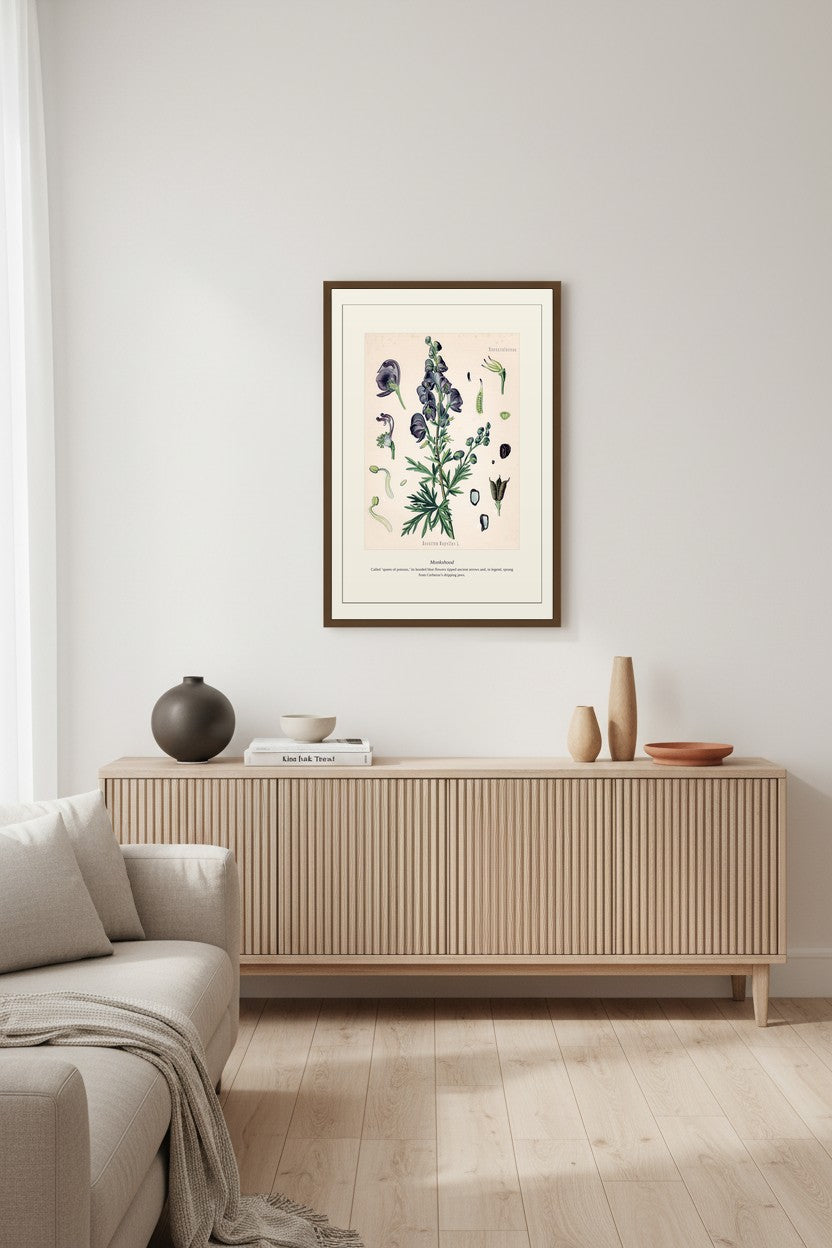 Monkshood print above a fluted wood sideboard in a bright neutral room
