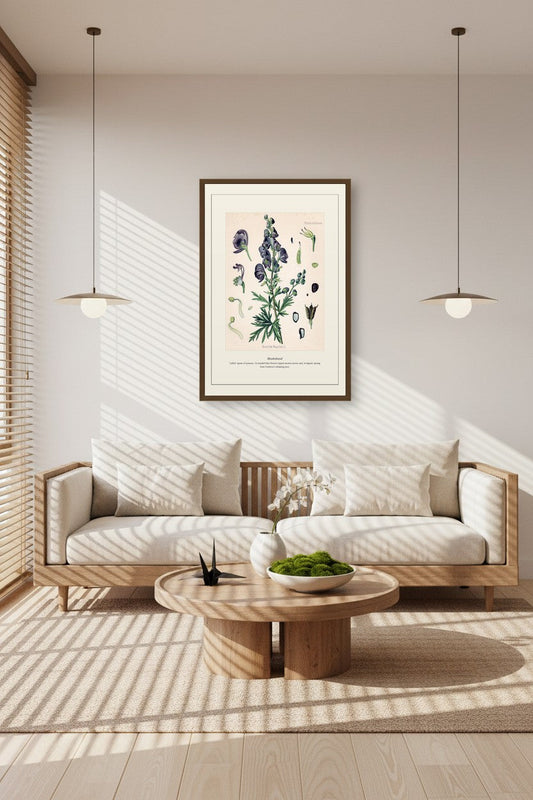 Monkshood print framed above a linen sofa in a sunlit living room