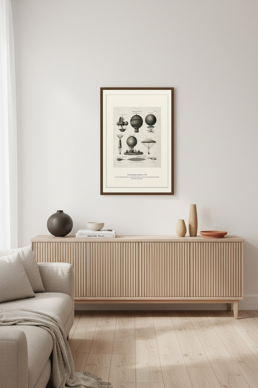 Montgolfier Balloon print framed above a ribbed wood sideboard with small ceramic vases