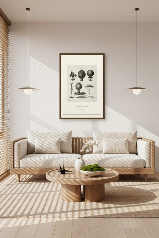 Framed Montgolfier Balloon print above a sunlit sofa with woven pendant lights and a round table