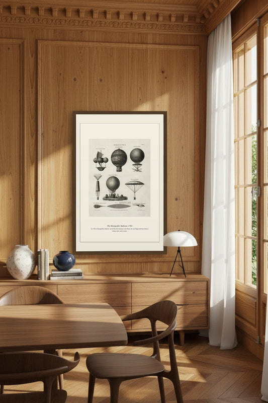 Montgolfier Balloon print framed on a wood-paneled dining room wall beside a curtained window