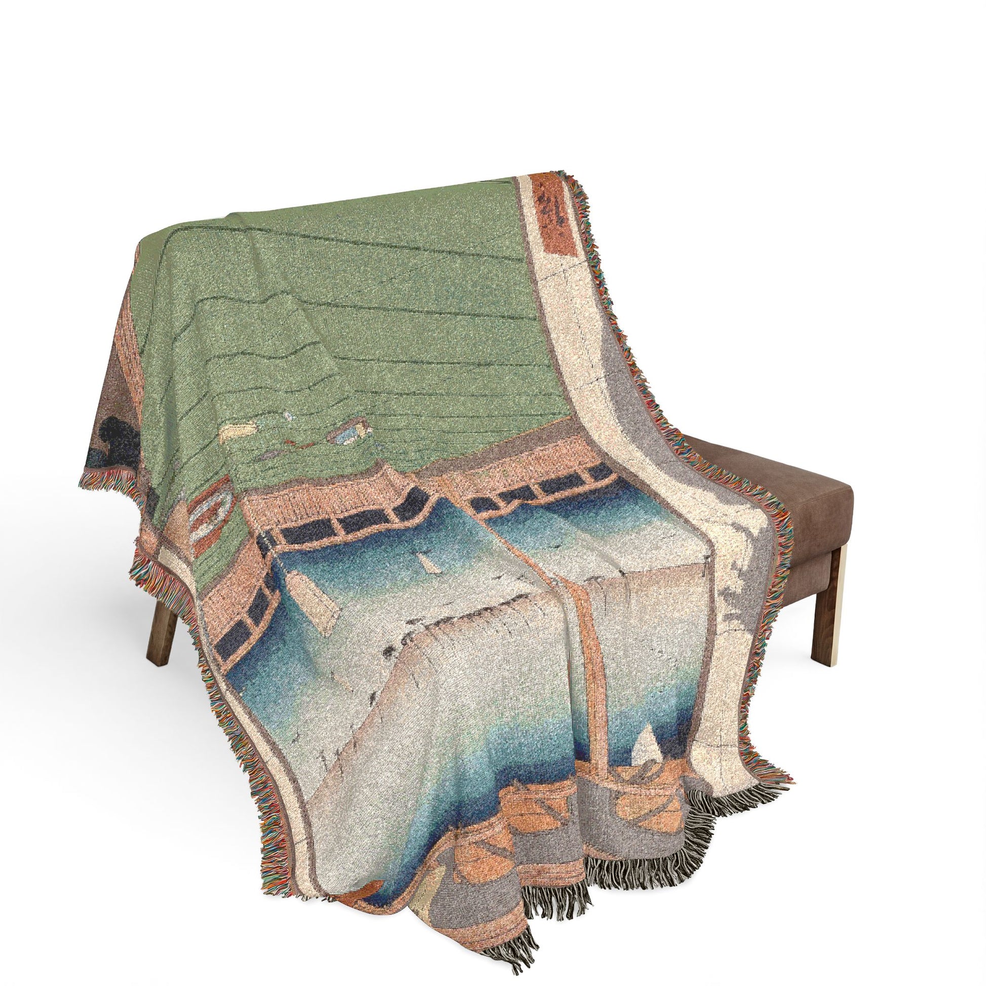 Moon-Viewing Promontory throw blanket over a bench, green pavilion and moonlit bay scene cascading over seat