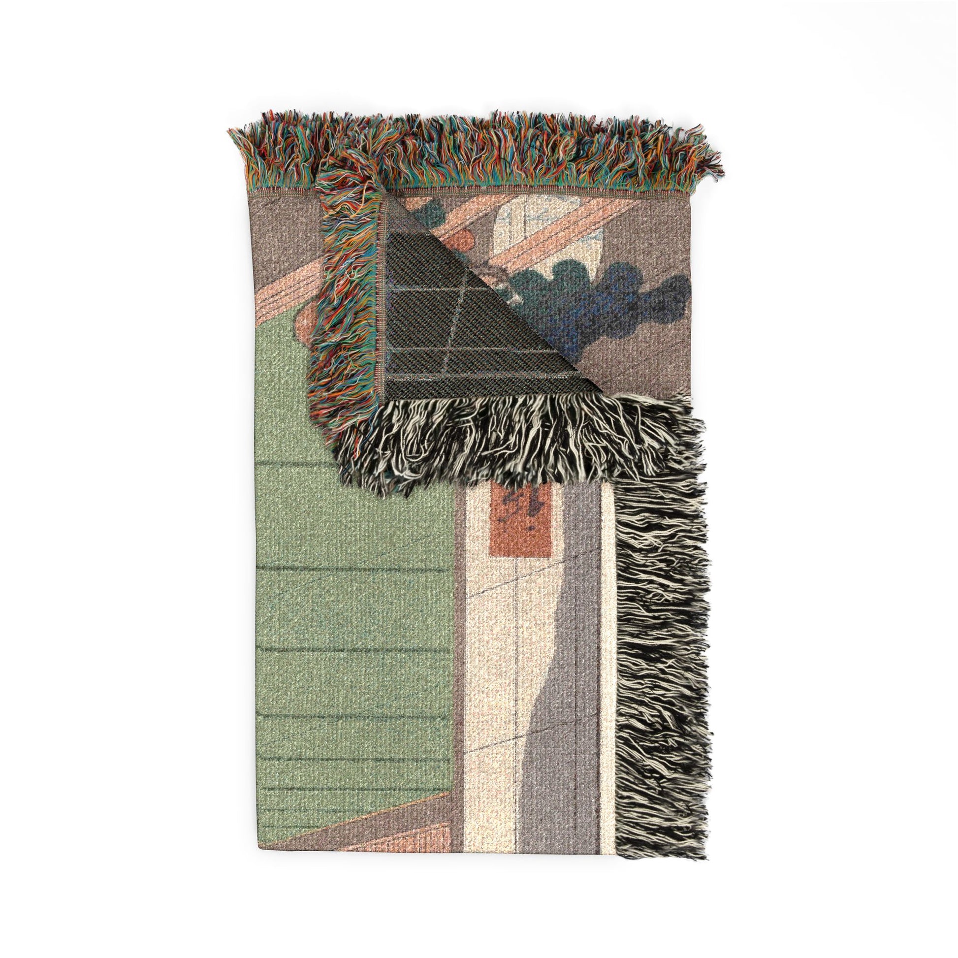 Moon-Viewing Promontory throw blanket folded, sage green front with pavilion and muted reverse corner tucked