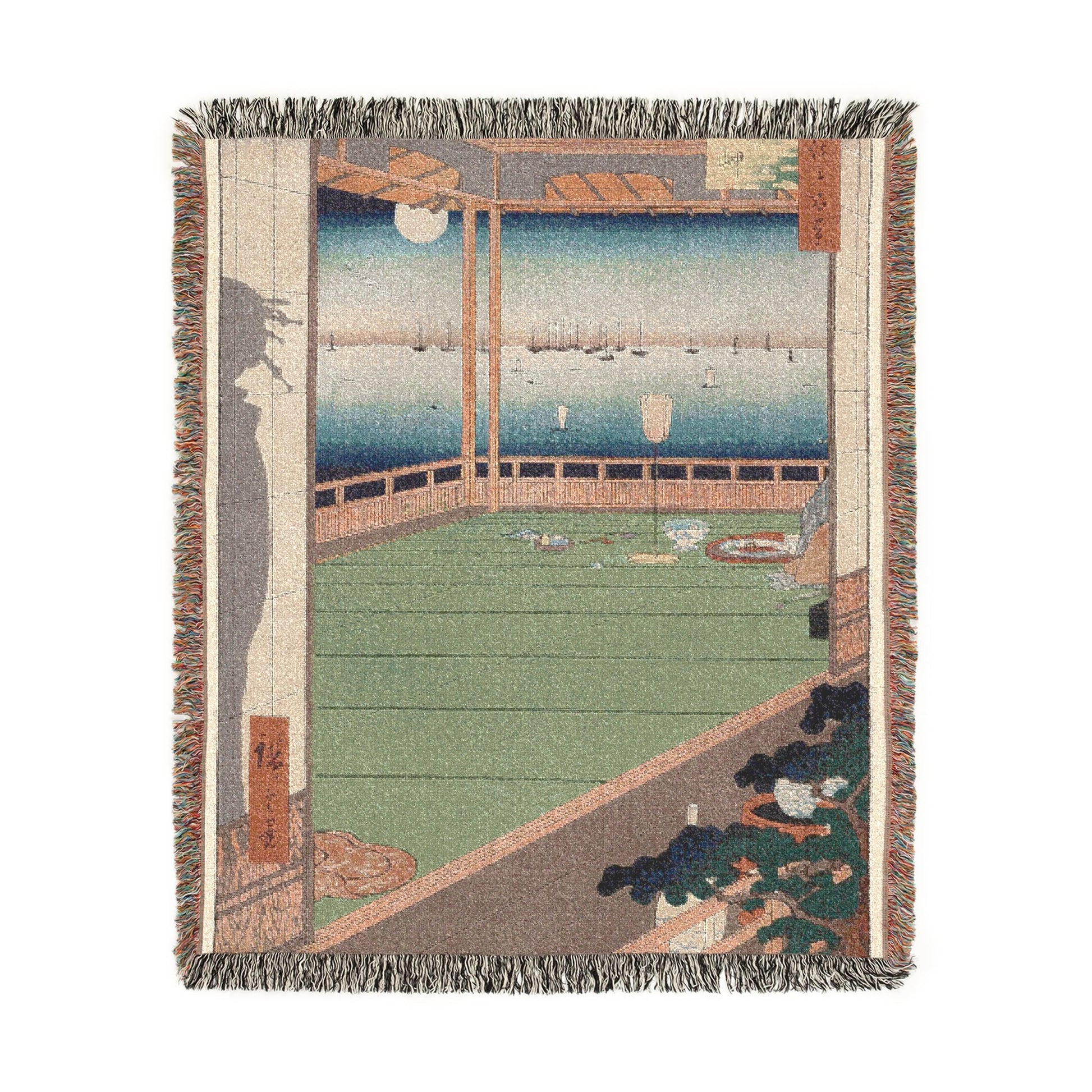 Moon-Viewing Promontory throw blanket flat front, sage green pavilion interior and moonlit bay in ukiyo-e style