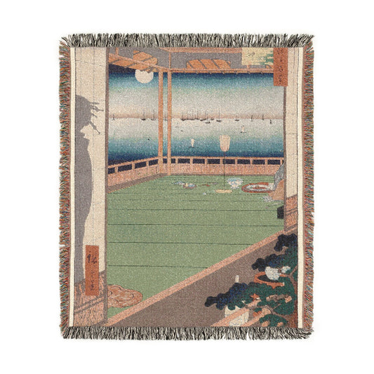 Moon-Viewing Promontory throw blanket flat front, sage green pavilion interior and moonlit bay in ukiyo-e style