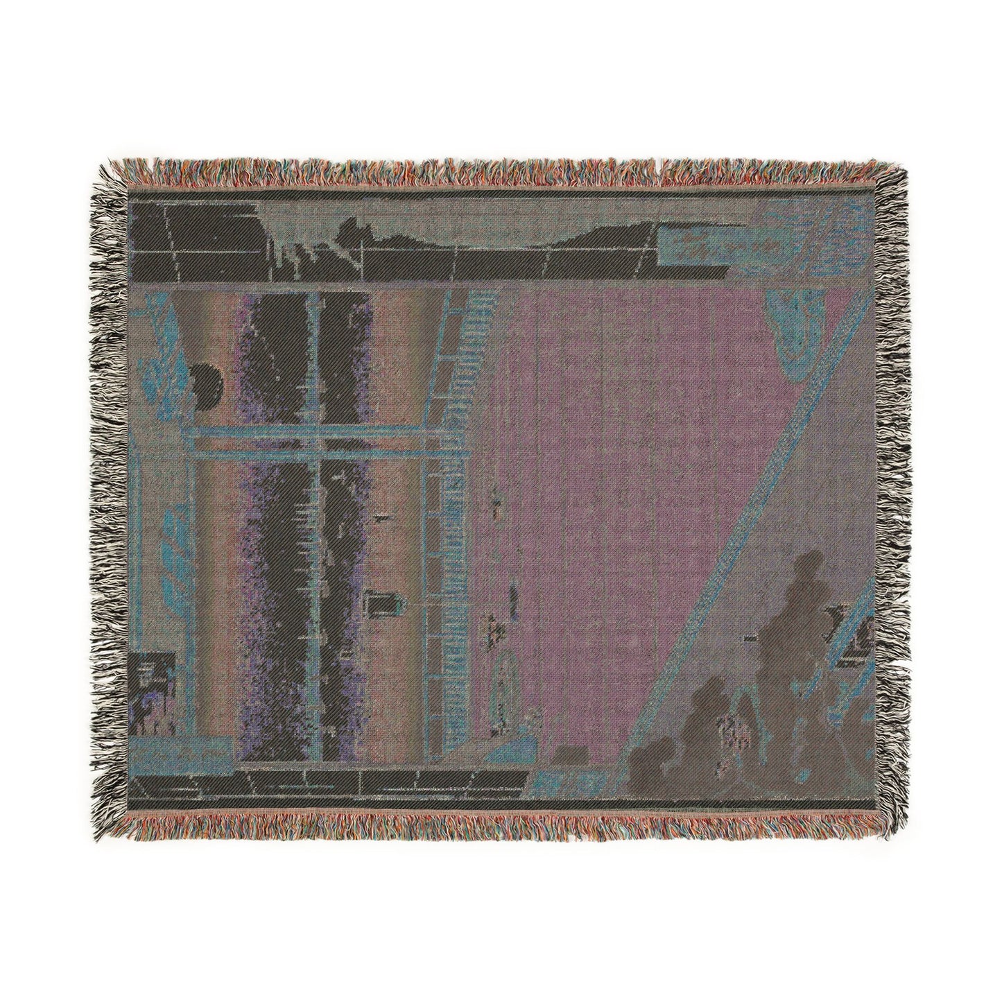 Moon-Viewing Promontory throw blanket reverse flat, muted mauve and charcoal on back side of ukiyo-e design