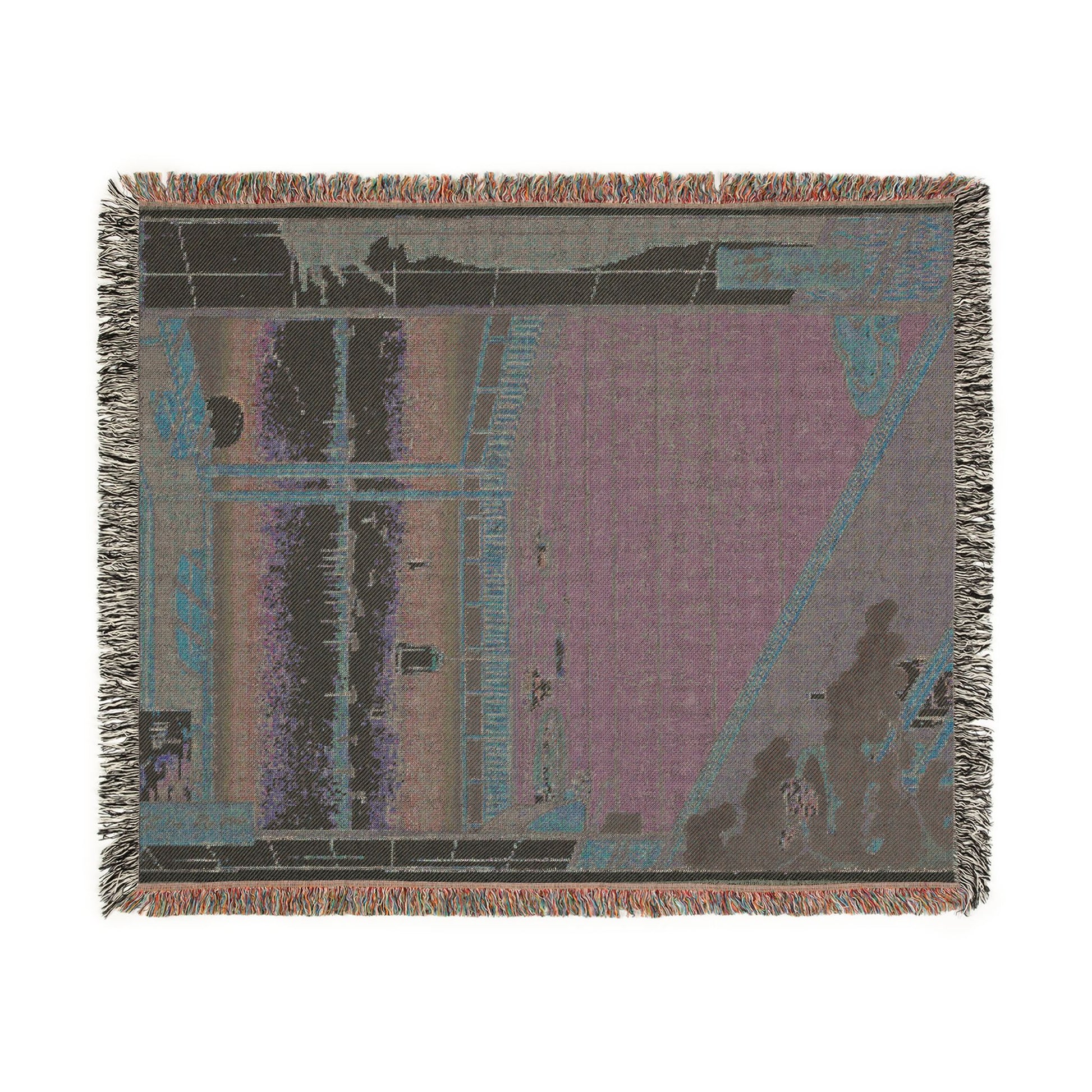 Moon-Viewing Promontory throw blanket reverse flat, muted mauve and charcoal on back side of ukiyo-e design