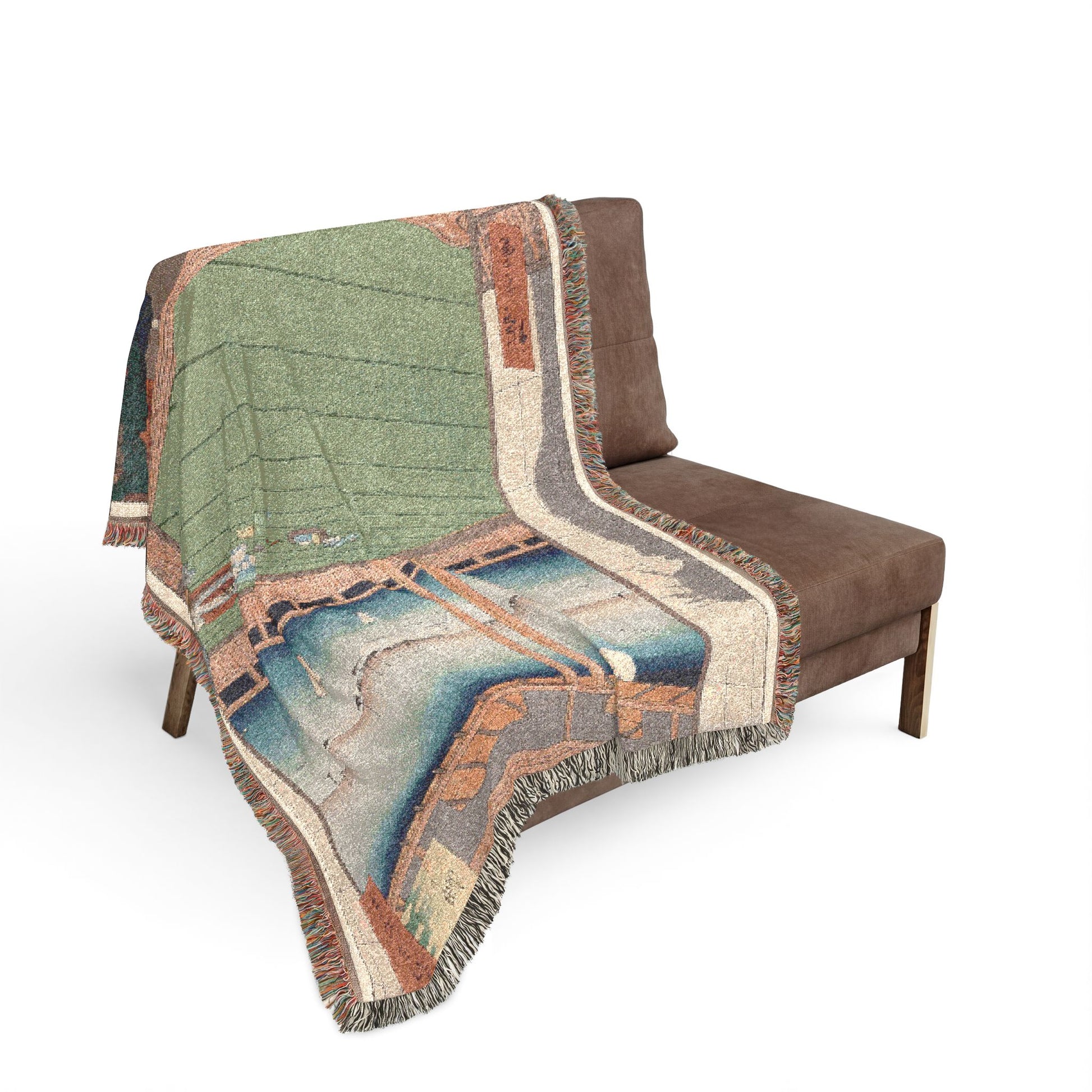 Moon-Viewing Promontory throw blanket over a sofa, sage green pavilion and moonlit bay from back to seat