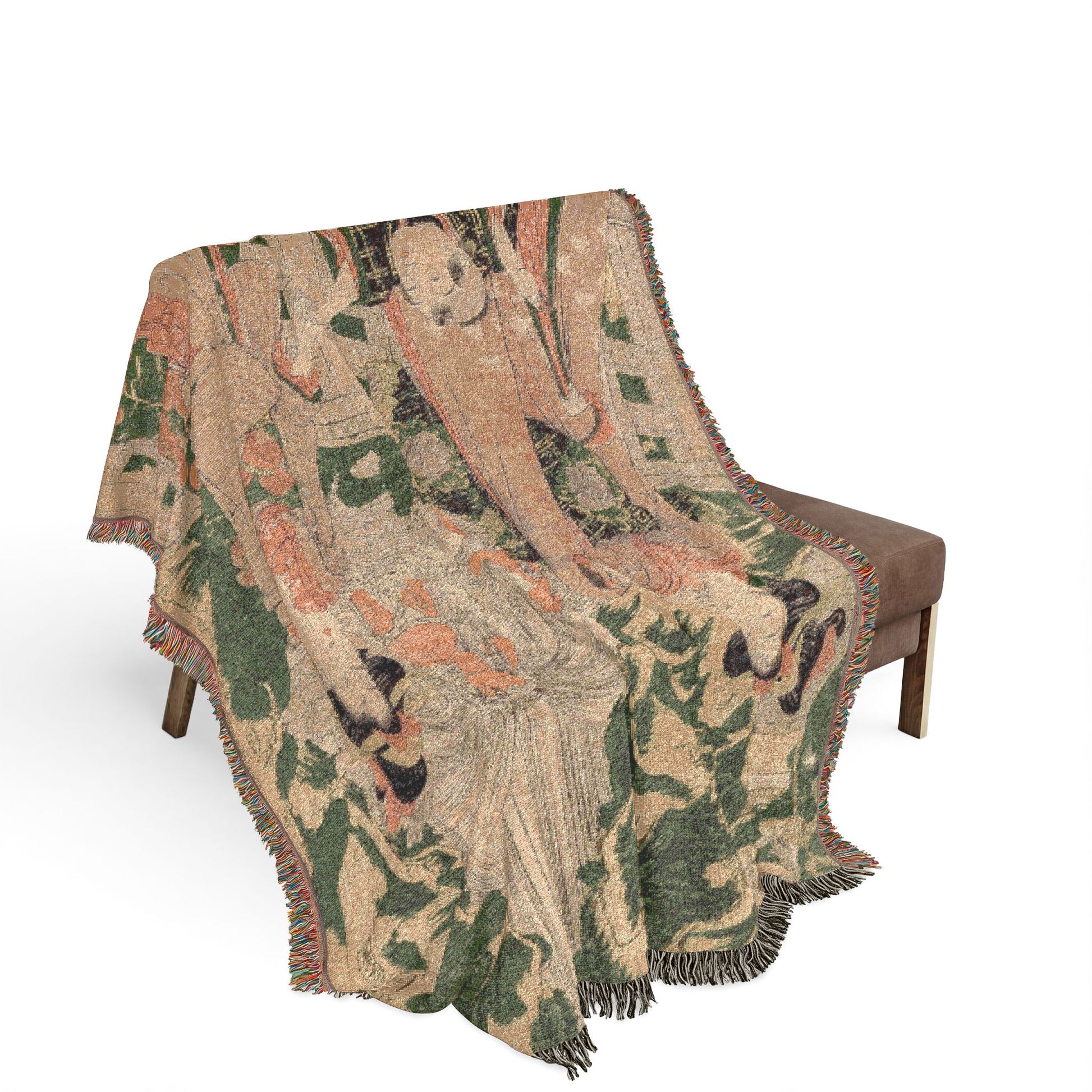 Mount Haruna in Kozuke Province woven throw blanket on bench, Japanese woodblock figures in green and earthy salmon tones