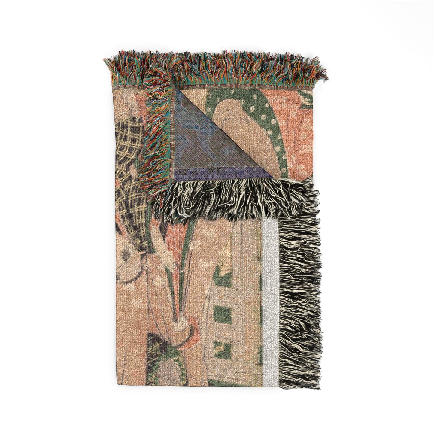 Mount Haruna in Kozuke Province woven throw blanket corner fold, sandy green woodblock front and blue-purple reverse