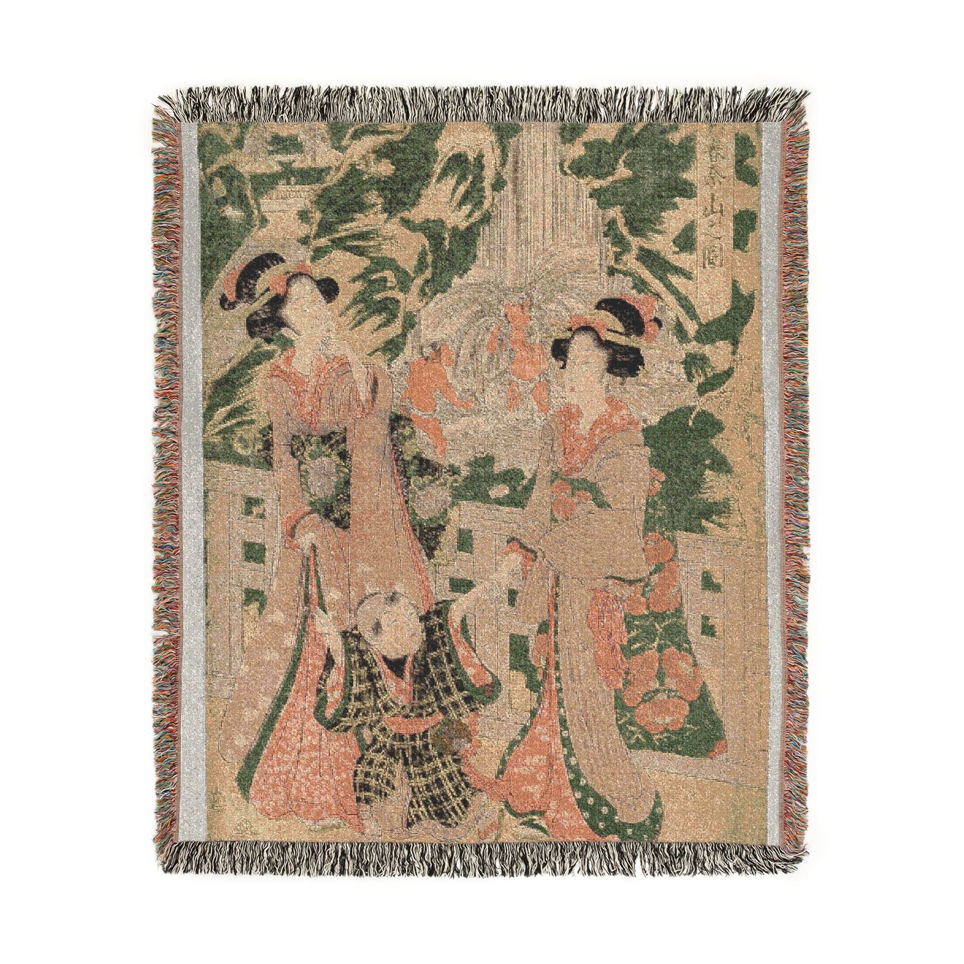 Mount Haruna in Kozuke Province woven throw blanket flat lay, Japanese woodblock landscape with figures, green and salmon tones