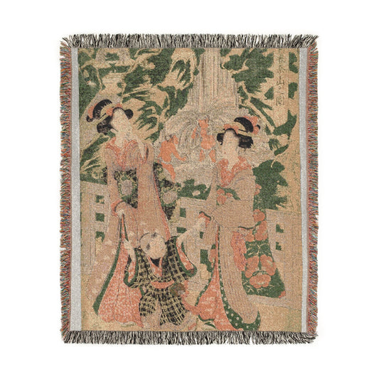 Mount Haruna in Kozuke Province woven throw blanket flat lay, Japanese woodblock landscape with figures, green and salmon tones