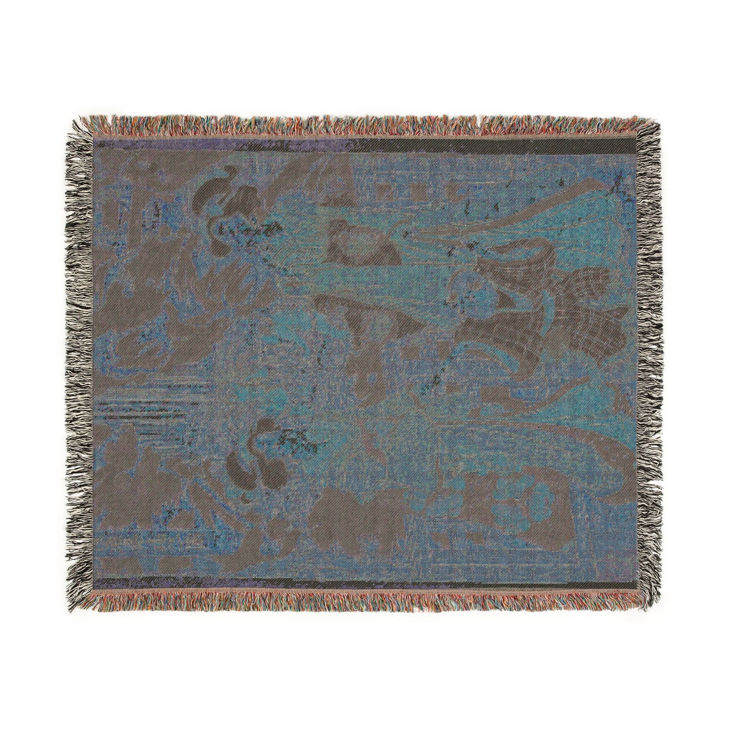 Mount Haruna in Kozuke Province woven throw blanket reverse, steel-blue ground with charcoal figure silhouettes
