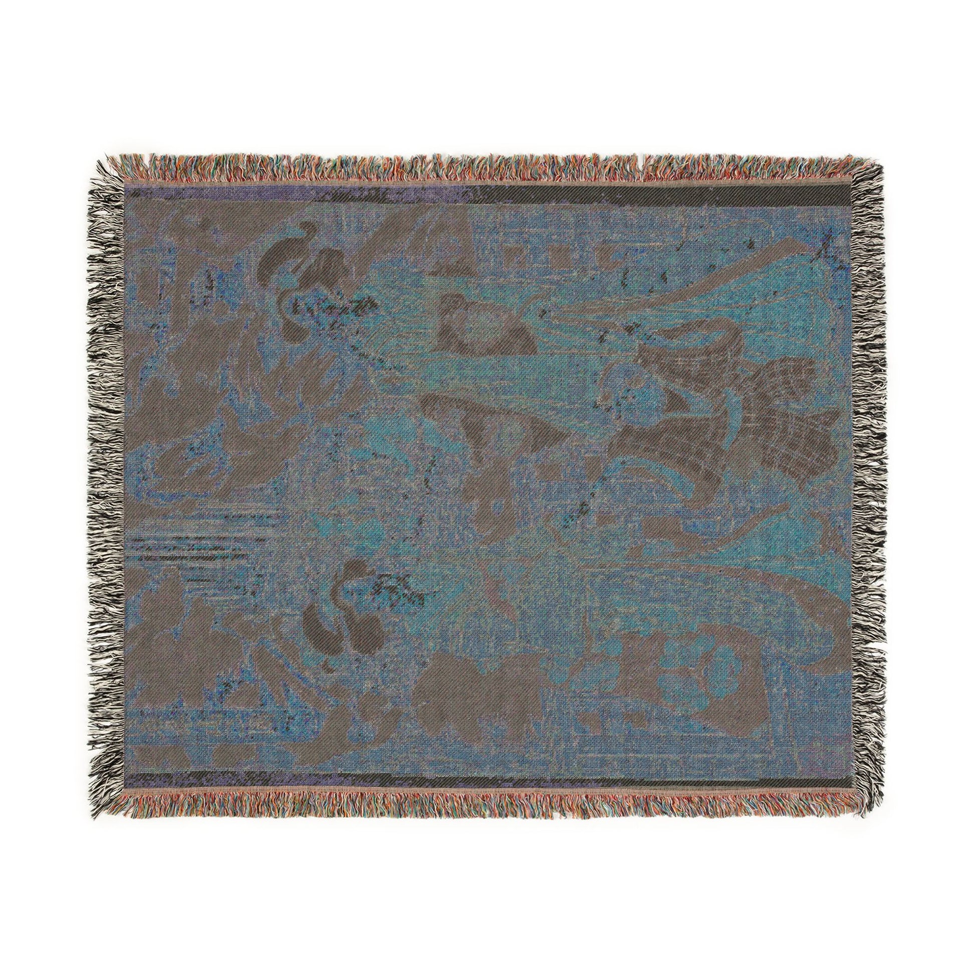 Mount Haruna in Kozuke Province woven throw blanket reverse, steel-blue ground with charcoal figure silhouettes