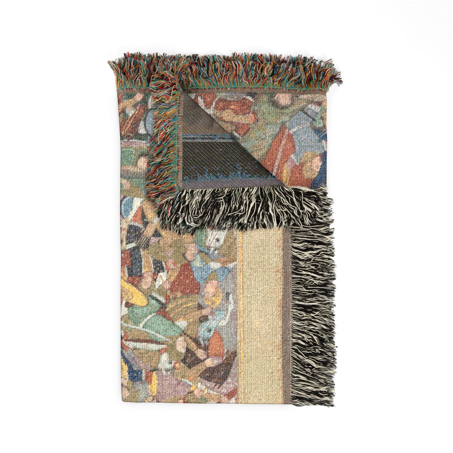 Mughal Akbar-nama throw blanket folded colorful battle front dark reverse side multicolor fringe beige border