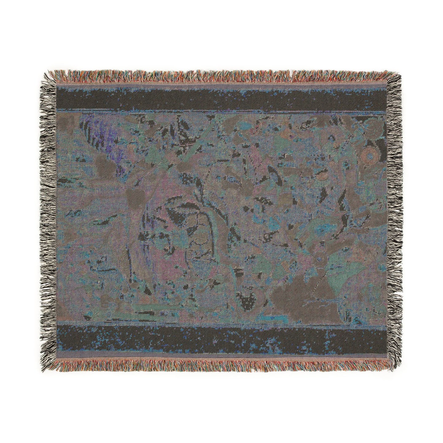 Mughal Akbar-nama throw blanket flat lay reverse dark charcoal teal muted battle scene dark border fringed
