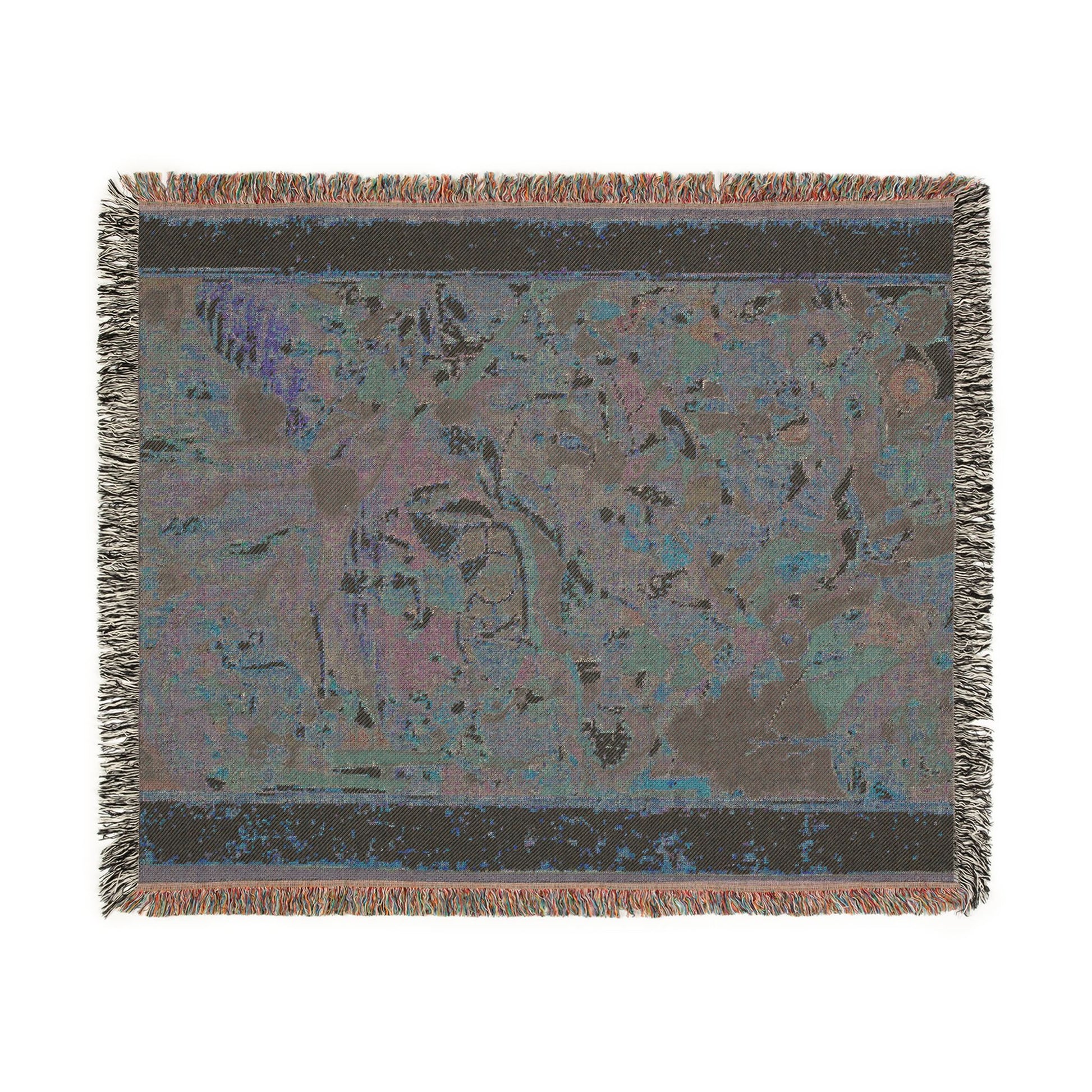 Mughal Akbar-nama throw blanket flat lay reverse dark charcoal teal muted battle scene dark border fringed