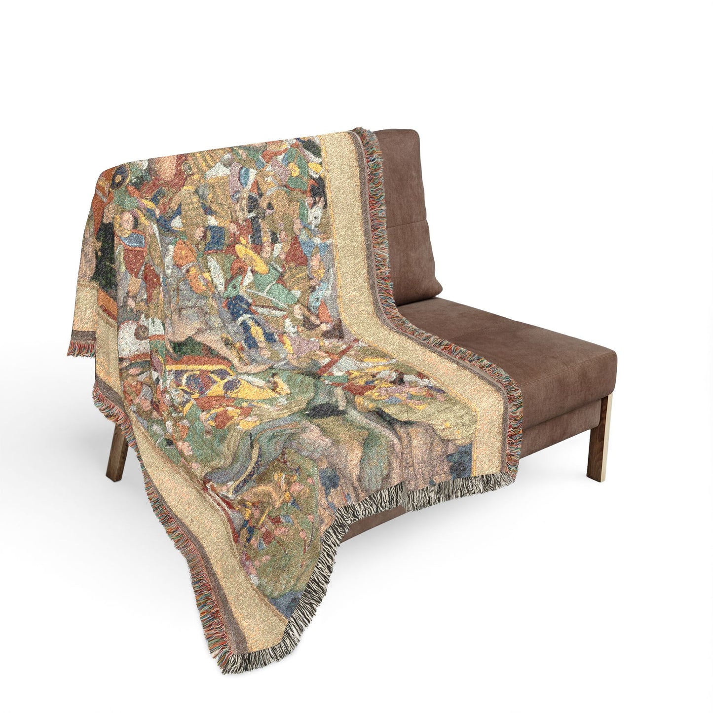 Mughal Akbar-nama throw blanket on armchair colorful Mughal miniature battle scene beige border fringed edge