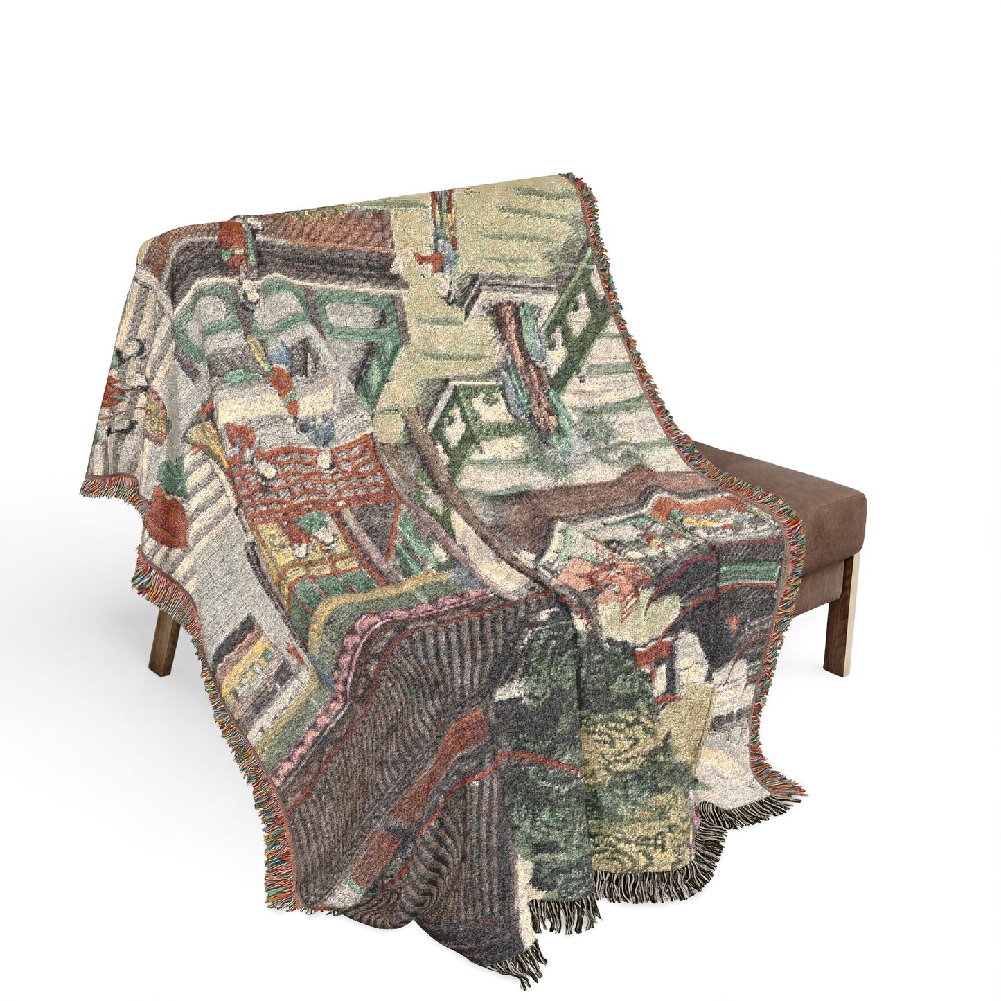 Music in the Jade Palace woven throw blanket over bench, sage-green palatial courtyard with musicians, fringe edges