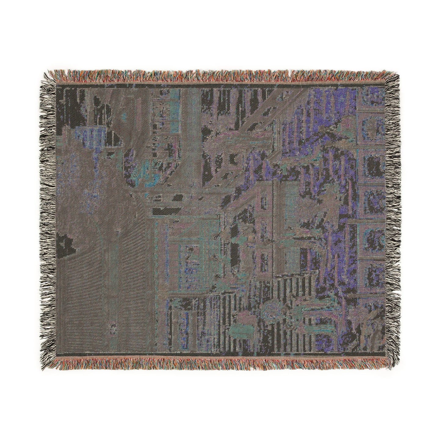Music in the Jade Palace woven throw blanket dark colorway, charcoal with blue-violet palatial courtyard, fringe