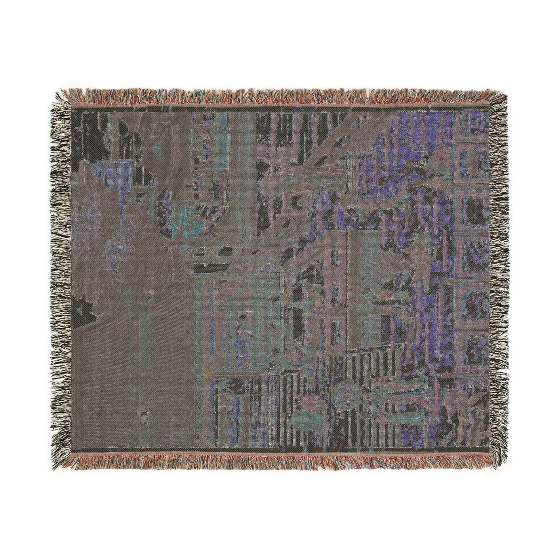 Music in the Jade Palace woven throw blanket dark colorway, charcoal with blue-violet palatial courtyard, fringe