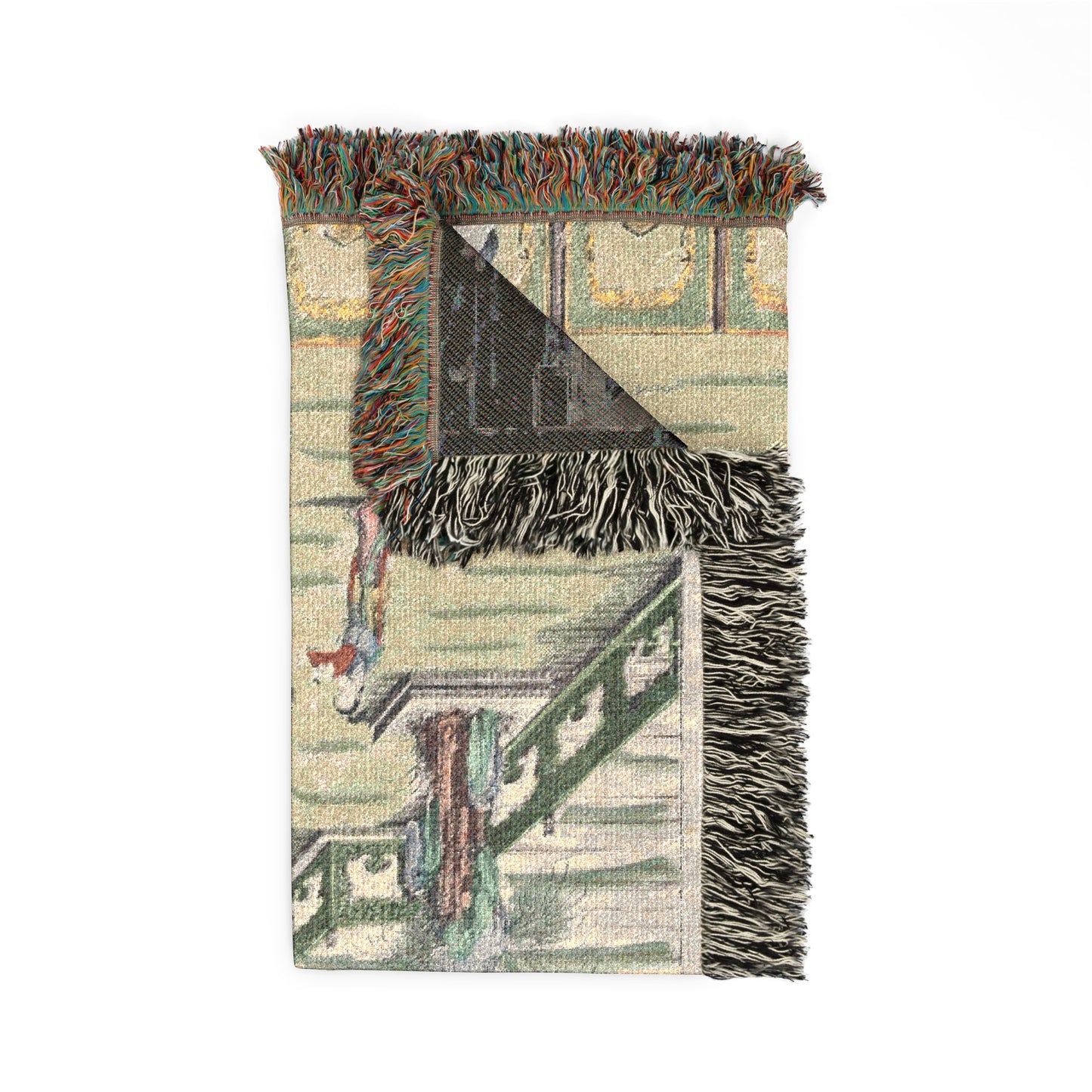 Music in the Jade Palace woven throw blanket, sage-green palace with charcoal reverse through triangular fold
