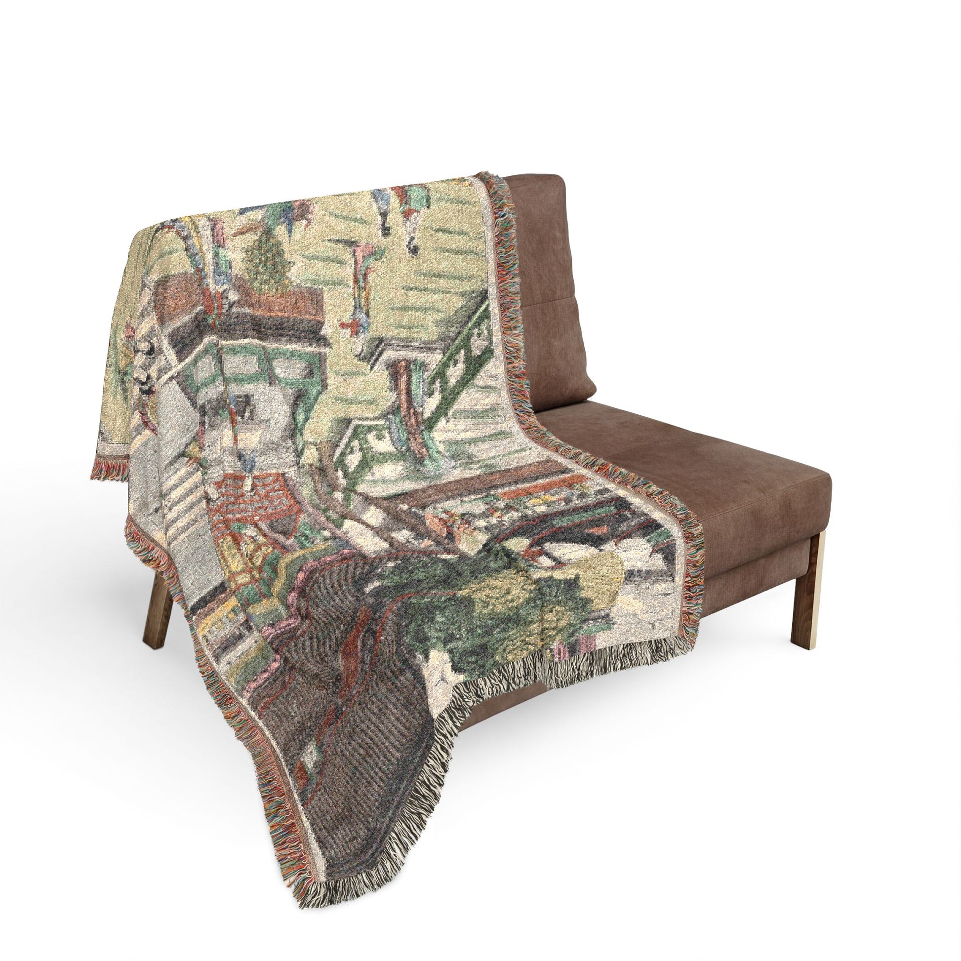 Music in the Jade Palace woven throw blanket over loveseat, sage-green courtyard with jade balustrade, fringe