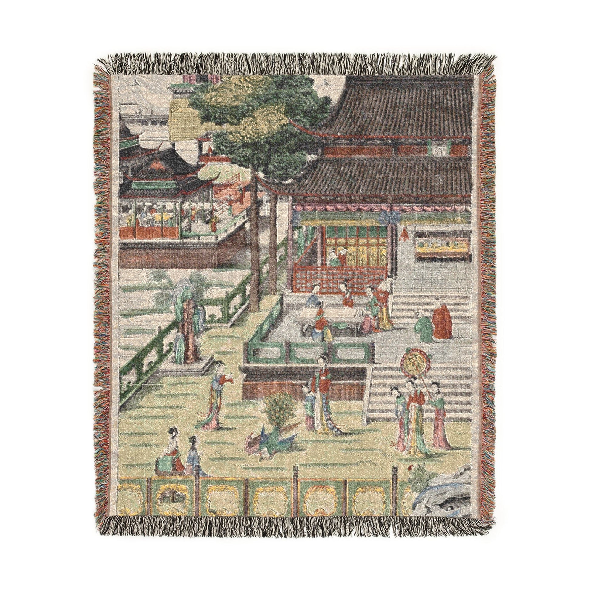 Music in the Jade Palace woven throw blanket portrait flat lay, sage-green courtyard with robed musicians, fringe