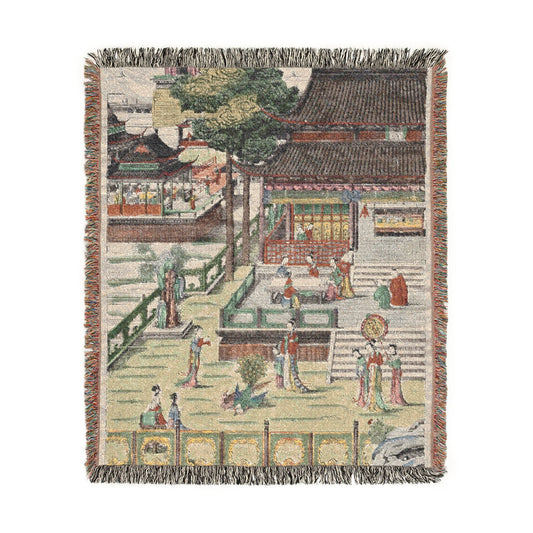 Music in the Jade Palace woven throw blanket portrait flat lay, sage-green courtyard with robed musicians, fringe